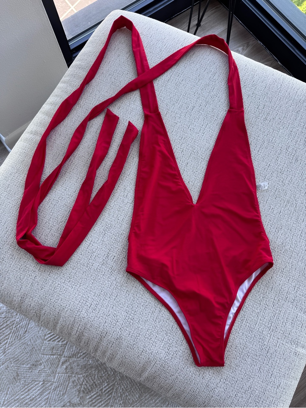 Red Deep V Women's One-Piece Swimsuit with Long Tie Halter